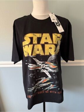 Star Wars Black Graphic Tee with Yellow Logo and Multi-Color X-Wing
